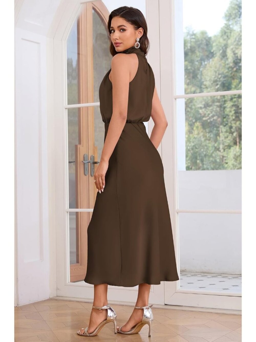 Women Coffee Brown Satin Elegant Formal Sleeveless Mock Neck Cocktail Maxi Dress - Picture 4 of 6